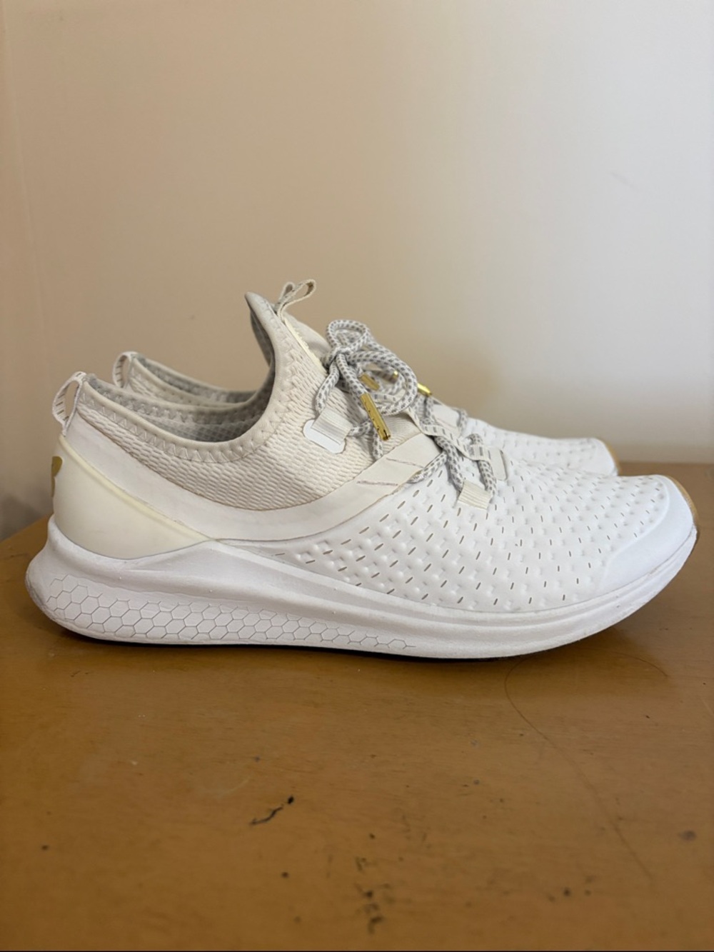 New Balance Men’s Fresh Foam LAZR White Athletic Slip-On Sneakers with Gold